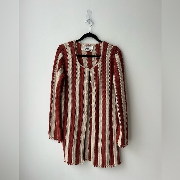 Zara collection crochet knit long boho cardigan coat two tone striped - Picture 3 of 13